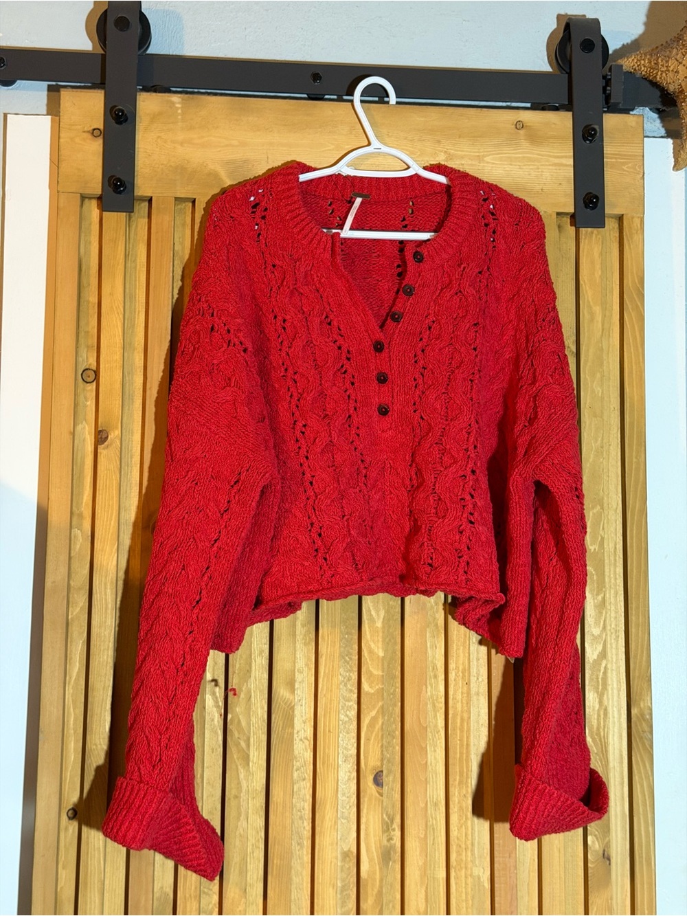 Free People Red Cable Knit Henley Sweater NWT $148 - Picture 3 of 6